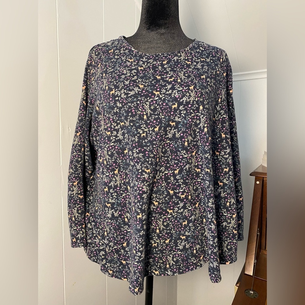 J. Jill Sleep Ultrasoft Long Sleeve Navy Blue Enchanted Forest Print Top XL